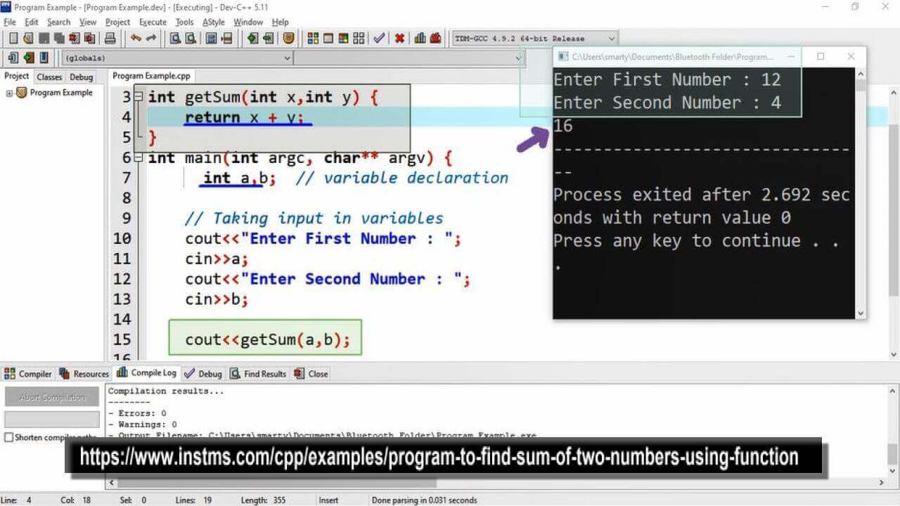 Program To Find Sum Of Two Numbers Using Function Cpp Tutorial